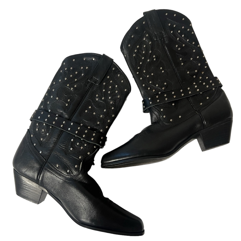 Oak Tree Farms Black Studded Heeled Fringe Cowboy Boots Size 7